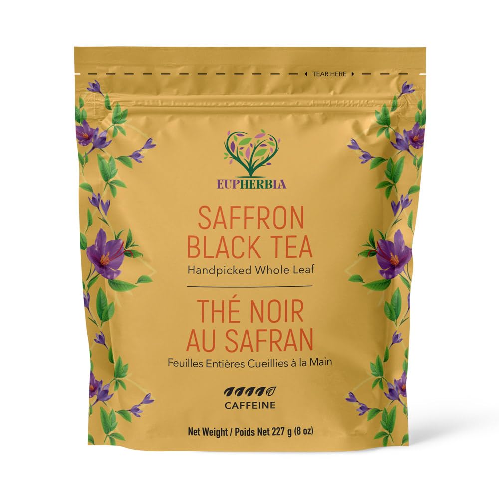 Eupherbia Saffron Black Tea, Handpicked, Highland Grown Whole Leaf Tea, Enriched with 3 Grams of Premium Saffron Threads, Brisk, Earthy, Aromatic, 227g (8 oz)