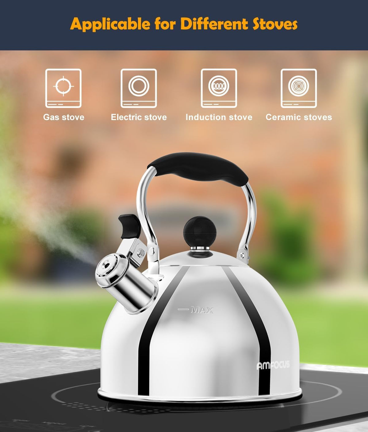 AMFOCUS Tea Kettle, 2 Quart Stainless Steel Whistling Tea Kettle, Stovetop Whistling Teakettle Tea Pots for Stove Top with