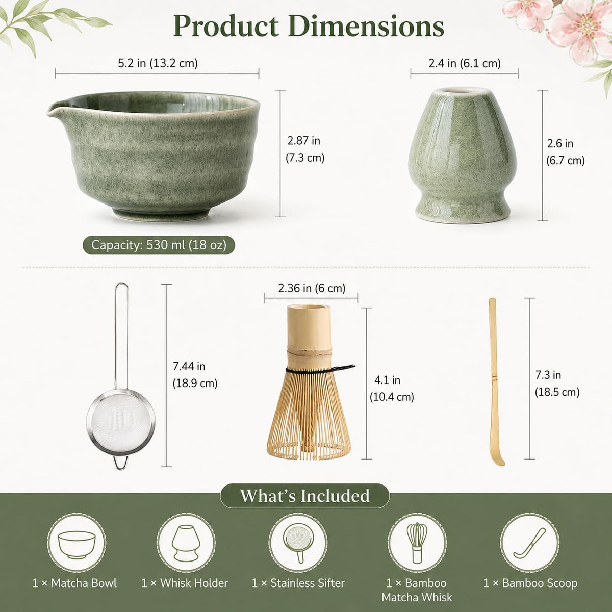Buucup Matcha Set, Matcha Bowl with Spout, Matcha Whisk and Holder, Bamboo matcha Scoop and Stainless Sifter - 5 Pcs Jade