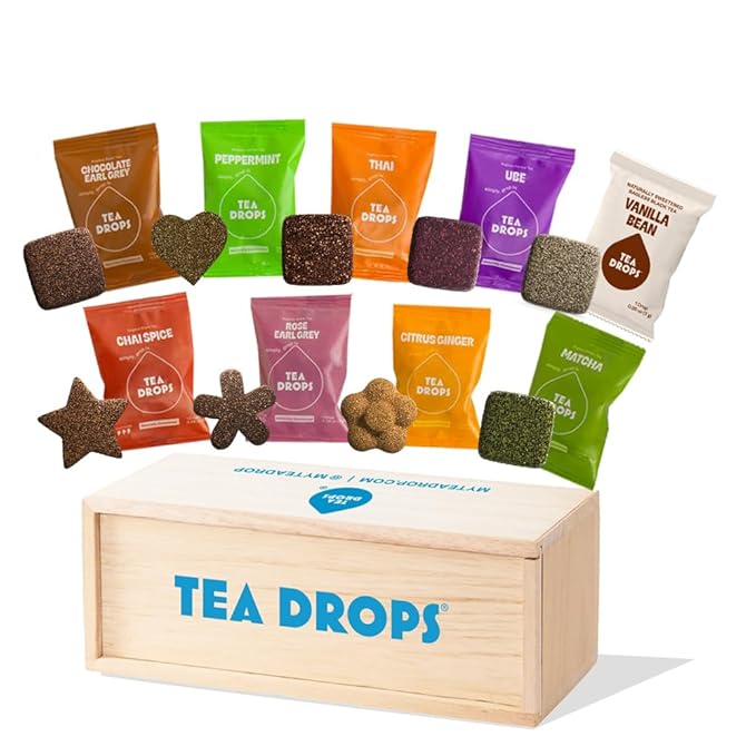 Tea Drops Holiday Gift Set | Organic Dissolvable Loose Leaf Tea | Microplastic-Free | Chai Spice Chocolate Earl Grey Citrus Ginger Rose Matcha Peppermint Ube Vanilla Bean Thai | 9 Sampler Assortment - 1 Per Flavor