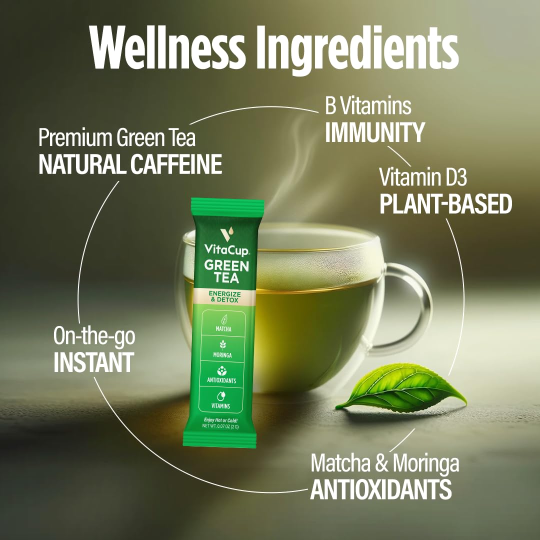 VitaCup Green Tea Instant Packets with Matcha, 10ct | B Vitamins, D3