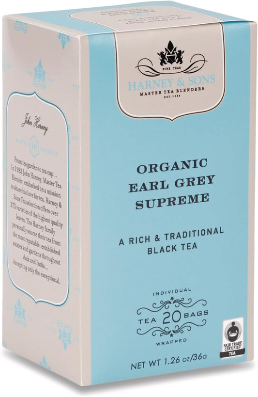 Harney &amp; Sons Premium Tea, Organic Earl Grey Supreme Black Tea, Individually Wrapped Tea Bags, 20/box