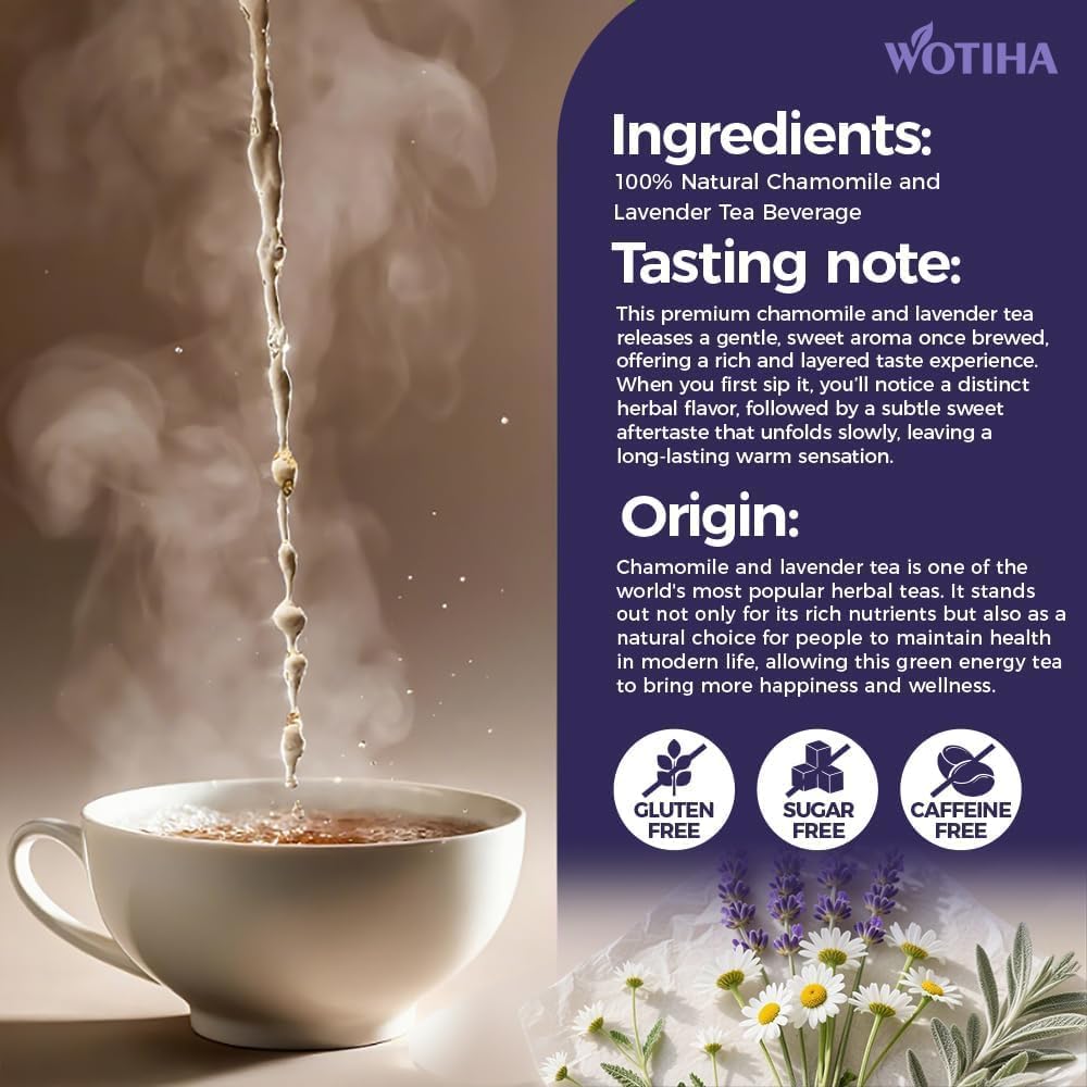 WOTIHA 60 Count Premium Chamomile Lavender Tea Bags - 100% Pure Flowers, Soothing Aroma, Supports Relaxation &amp; Better Sleep, Caffeine-Free, Additive-Free, Sugar-Free, Vegan.Non-GMO