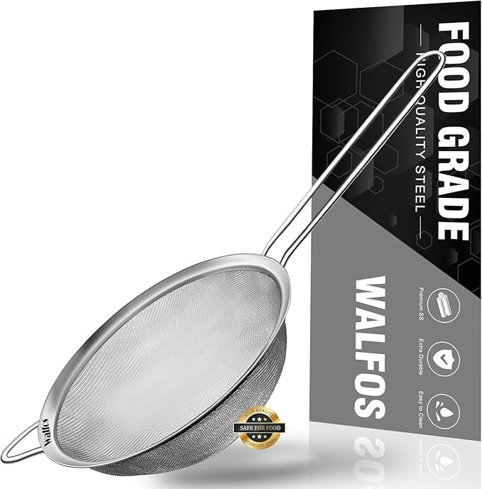 Walfos 4.6 Inch Fine Mesh Strainer, Premium Stainless Steel Colanders and Sifters, with Reinforced F