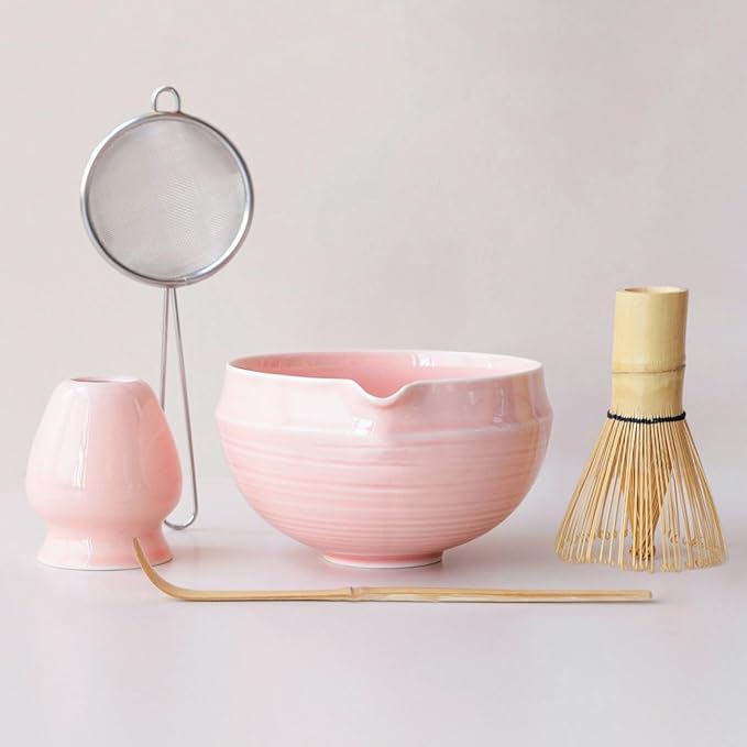 Matcha Set, 5 Pcs Matcha Whisk Set – Elegant Rounded Design Bowl with Folded Rim, Glossy Pink Glaze, Comfortable to Use