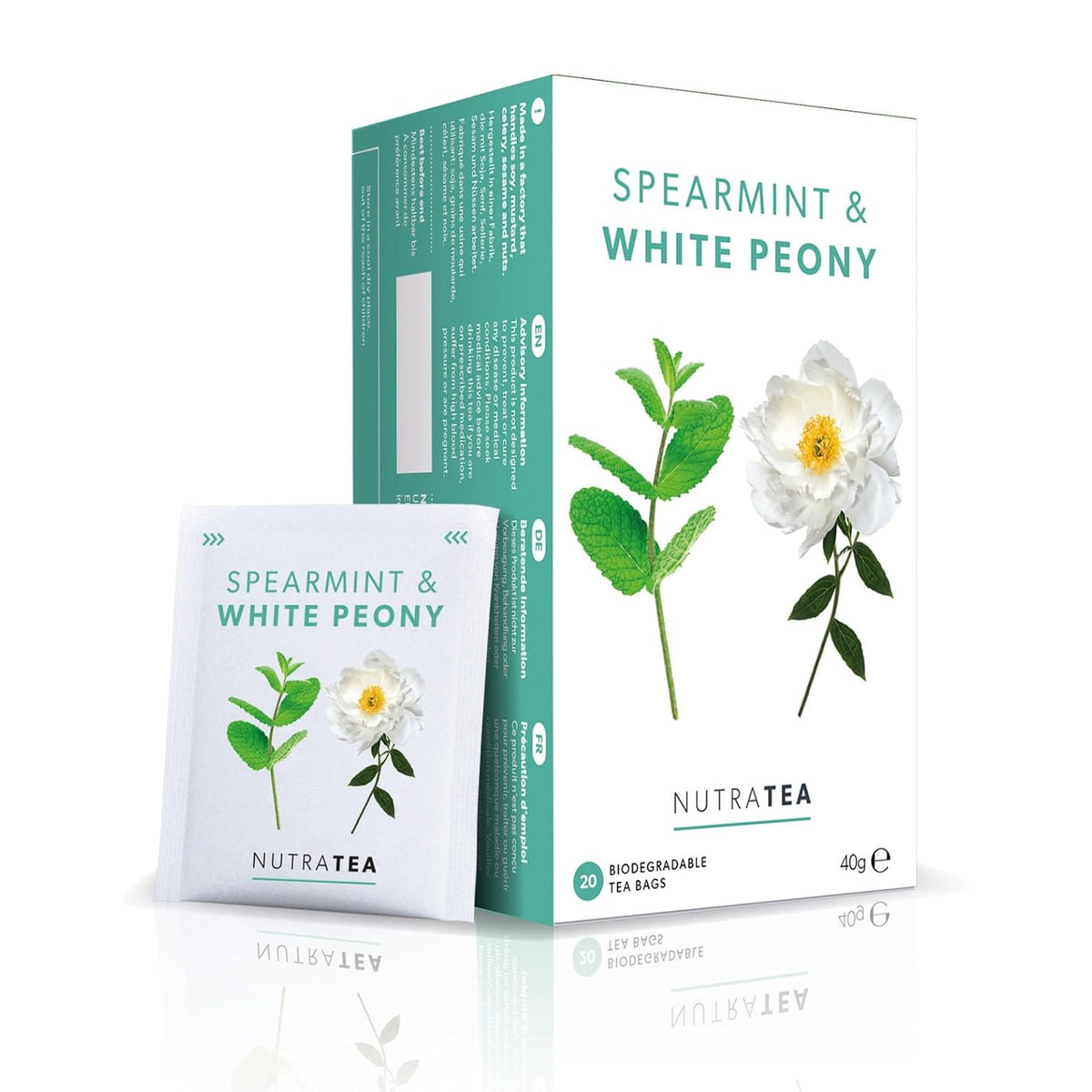 Nutra Tea - Spearmint &amp; White Peony – Spearmint Tea, PCOS Tea - For Digestion, Women's Health &amp; Acne - 20 Individually Wrapped Bags - Herbal Infusion (1 Pack)
