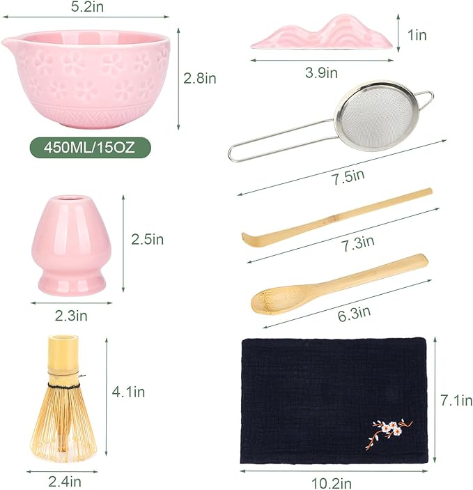 Matcha Whisk Set Pink, 8Pcs Matcha Set Kit include Matcha Bowl, Matcha Whisk and Holder, Bamboo Scoop, Scoop Rest, Sifter and Tea Towel