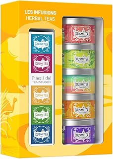 Kusmi Tea - Organic Herbal Tea Gift Set + Tea Infuser- Gift Idea for Men and Women - Caffeine-Free Teas - Hibiscus Tea, Chamomile Tea, Ginger Tea - Loose Leaf Tea - 5 Tins of 0,9 oz