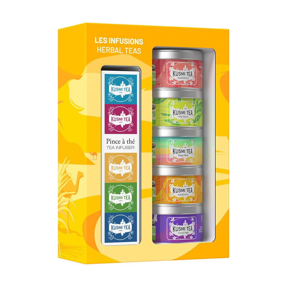 Kusmi Tea - Organic Herbal Tea Gift Set + Tea Infuser- Gift Idea for Men and Women - Caffeine-Free Teas - Hibiscus Tea, Chamomile Tea, Ginger Tea - Loose Leaf Tea - 5 Tins of 0,9 oz