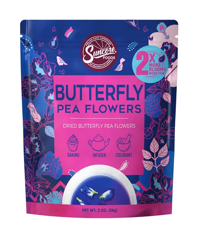 Suncore Foods Dried Butterfly Pea Flowers Bloom, Caffeine-Free Tea, Gluten-Free, Non-GMO, 2oz (1 Pack)