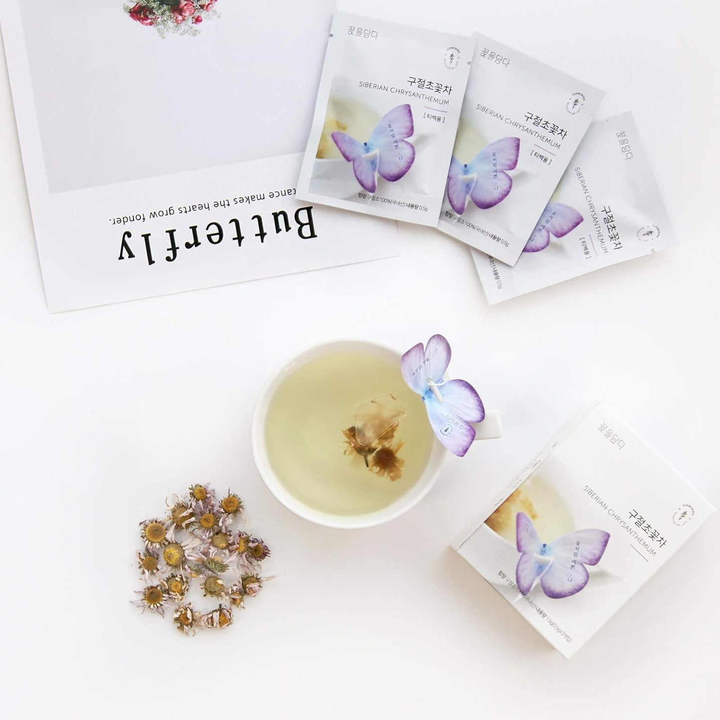 KKOKDAM Korean Tea Gift Set Sampler – 3 Flavor Pink Butterfly Tea Bag Sampler – Elegant Box for Tea Lovers - Perfect as Korean Gifts for Women