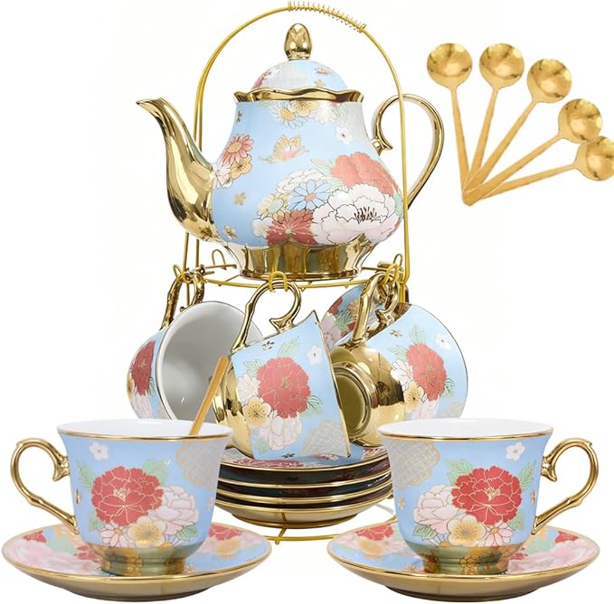 CHANJOON Gold Plated Red Rose Ceramic Tea Set, Vintage Tea Sets with Teapot, Beautiful Tea Set Coffe