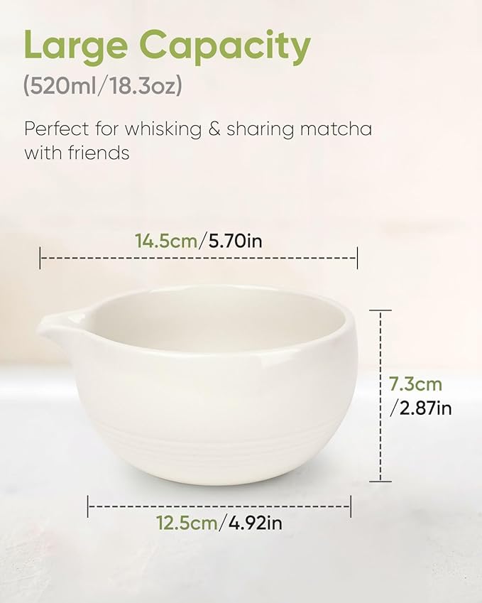 Matcha Bowl and Whisk Holder Set, Ceramic Tea Bowl and Whisk Stand, Matcha Tea Mixing Bowl with Spout (18 Ounce), Whisk Rest, Ivory White