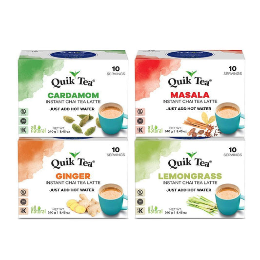 QuikTea 4 flavor Instant Cardamom/Masala/Ginger/Lemongrass Chai Tea Latte Variety Pack, 33.8 Oz