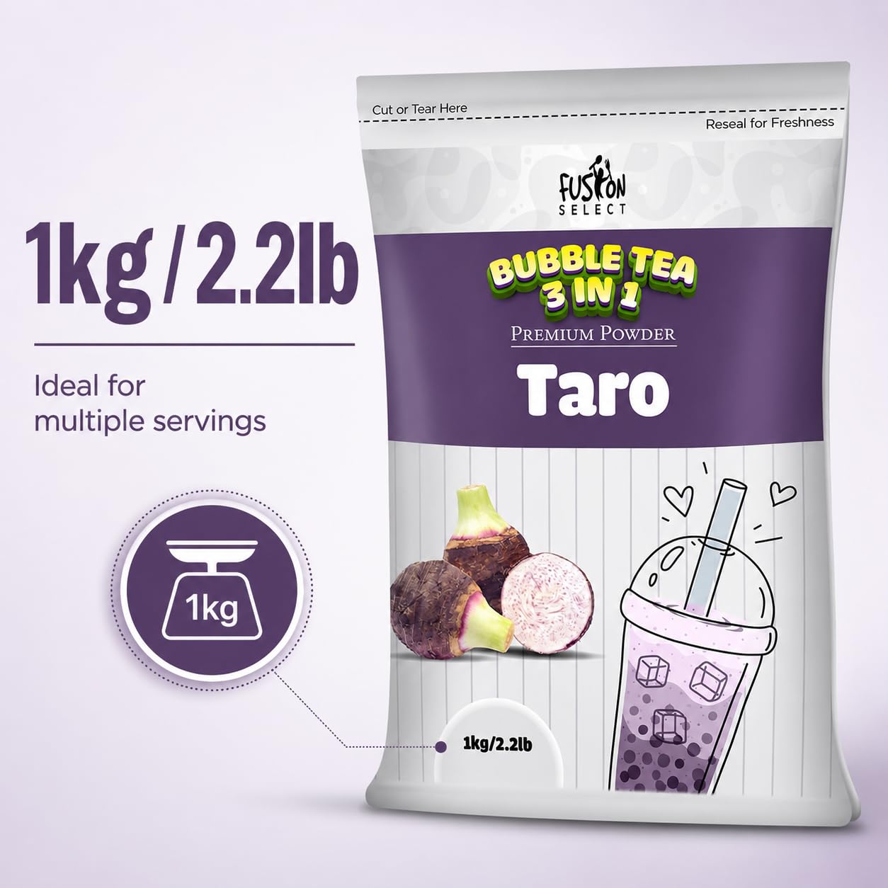 Fusion Select 2.2lb Taro Milk Tea Powder - Instant 3-in-1 Drink Mix with Cream & Sugar for Hot or Cold Blends or Frappes