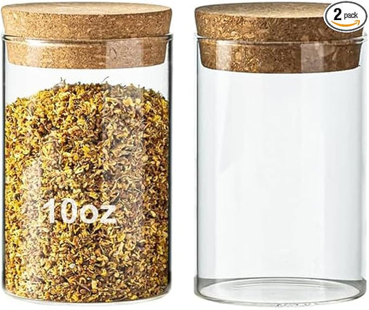 10oz Glass Storage Container - Airtight Glass Jars with Cork Lid, Spice Jars, Candy Jar, Food Storage Jars for Candy, Spices, Coffee, Tea, Nuts (2PCS)