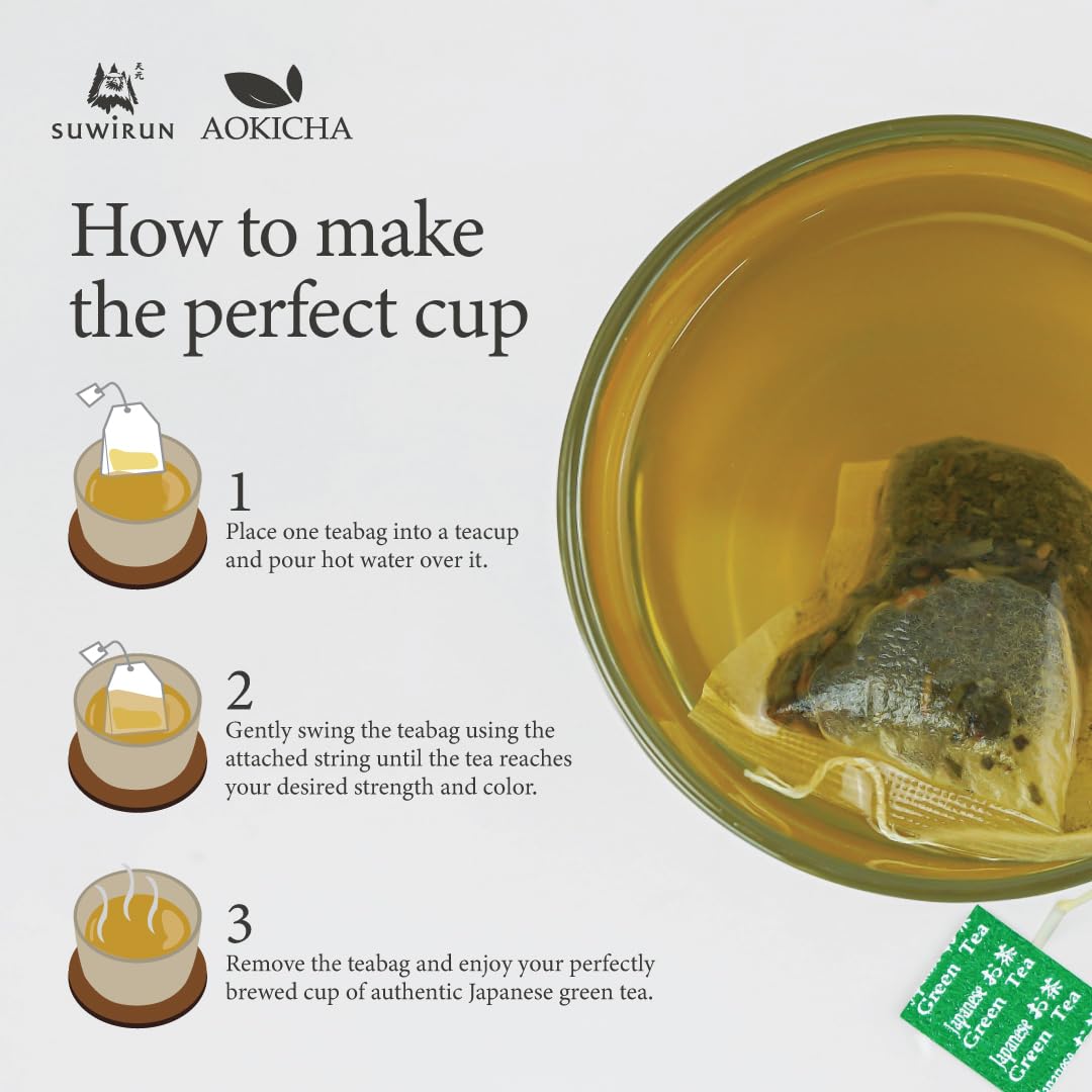 Suwirun Aoki Cha Organic Yabukita Japanese Green Tea 50 Bags – Smooth, Umami-Rich & Refreshing – Eco-Friendly, Unbleached Tea Bags for Hot & Cold Brew