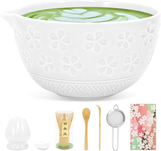 8 PCS Matcha Whisk Set, Japanese Tea Set includes Matcha Bowl Tea Making Tools Ceramic Bowl with Bamboo Whisk Matcha Kit Ceremony Gift for Matcha Lovers