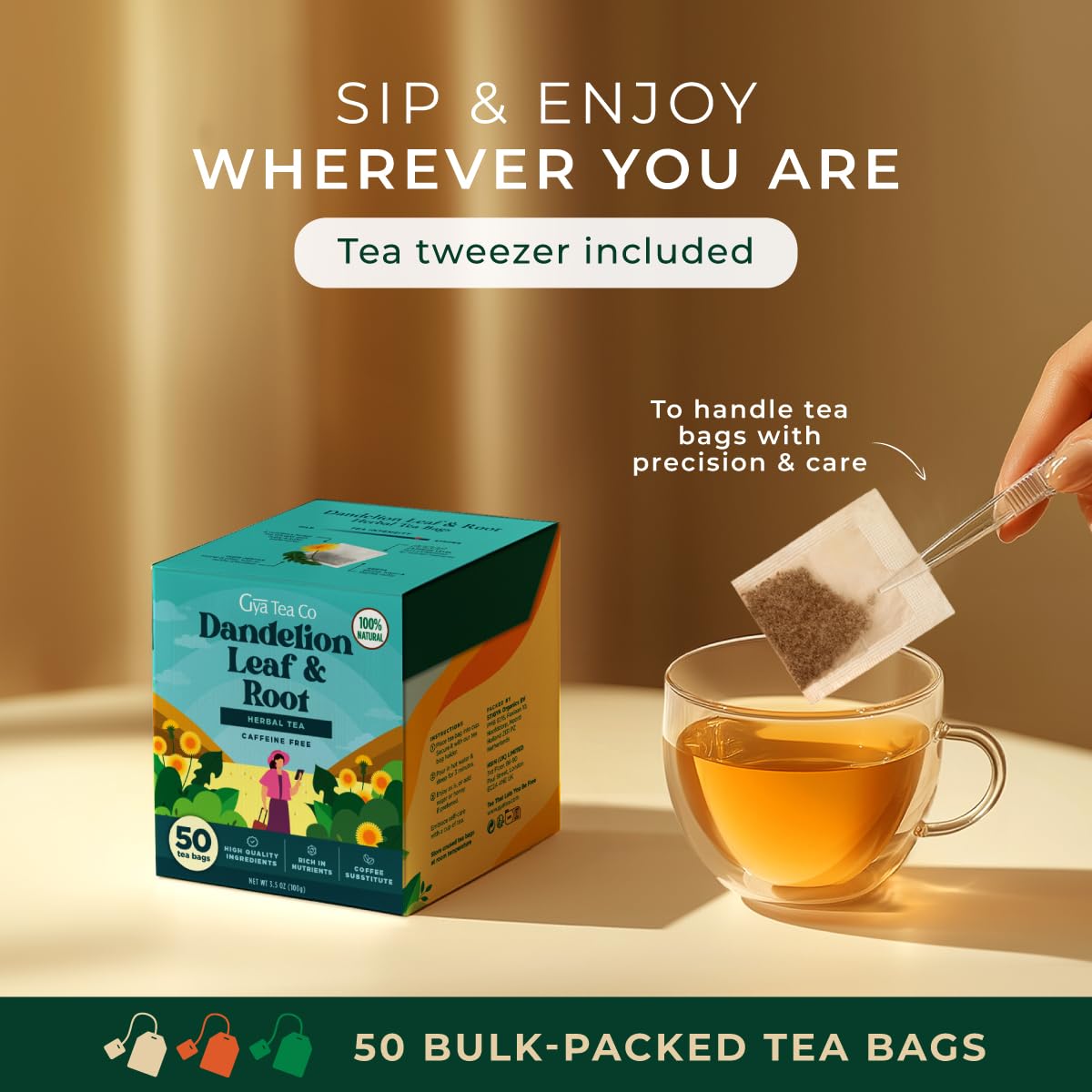 Dandelion Leaf Root Tea Bags 50 Count-100% Natural Caffeine Free Herbal Tea | Dandelion Herbal Tea For Liver, Gut &amp; Digestion, Full Spectrum Balance &amp; Vitality - Pure Ingredients, No Additives, Non-GMO