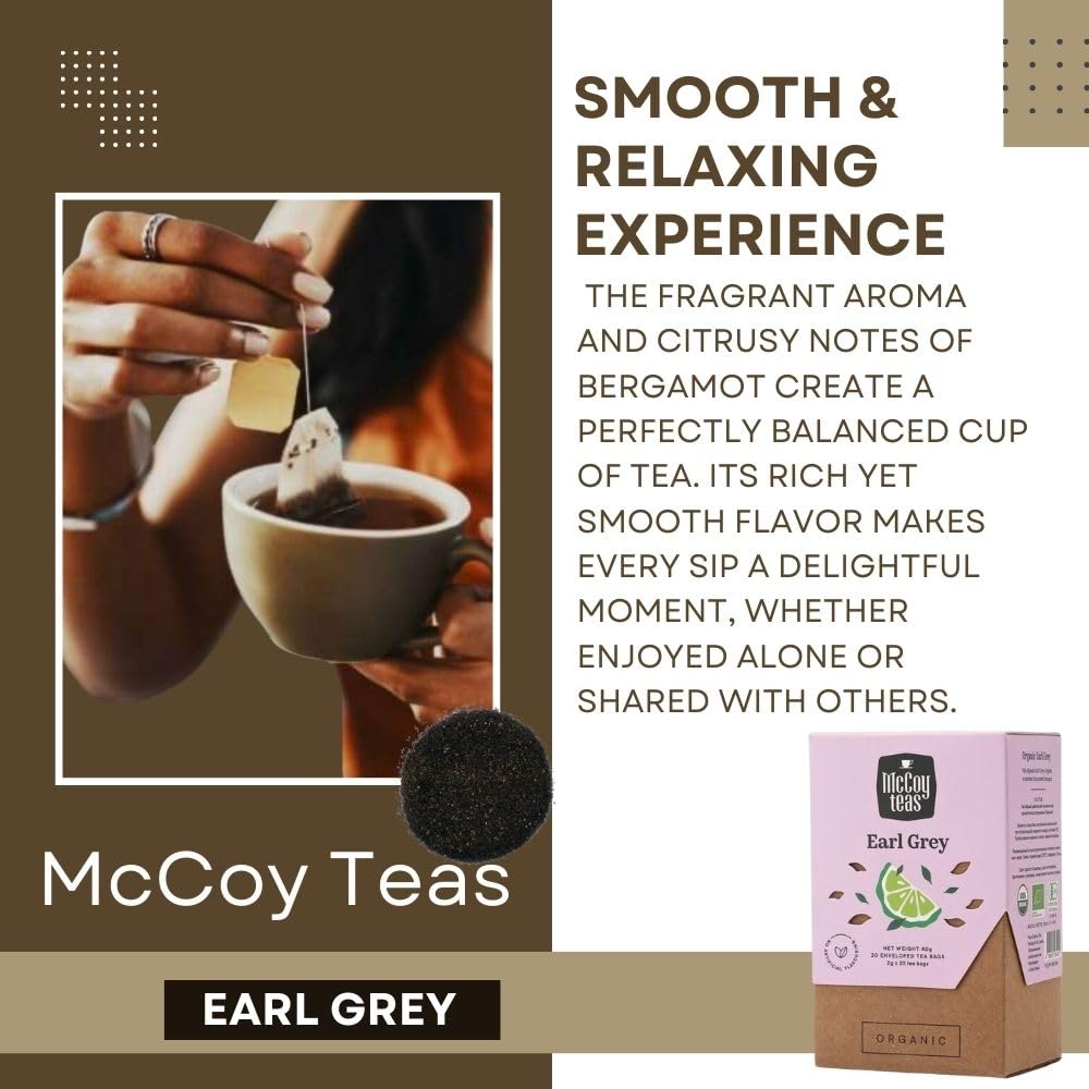 McCoy Teas Organic Earl Grey Tea Bags Black Tea Bags Ceylon Tea with Bergamot for Clarity and Relaxation with Premium Tea from Sri Lanka, 20 Bags (Pack of 01)