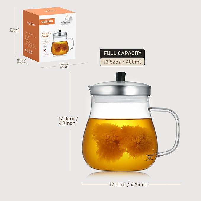 400ml (13.52 oz) Glass Teapot with Stainless Steel Strainer, Clear Teapot for Stovetop, Home, Office or Solo Tea Drinking
