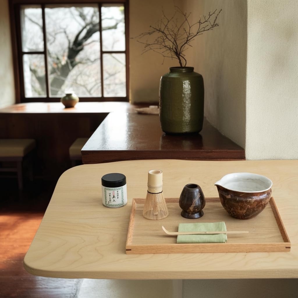 Matcha Set with Handmade Ceramic Bowl &amp; Bamboo Whisk, Dark Brown,6-Pc | Matcha Whisk Set, 16.9 Oz Ceramic Bowl with Spout, Bamboo Whisk, Holder, Scoop, Sifter and Tea Cloth, Matcha Kit for Ceremony