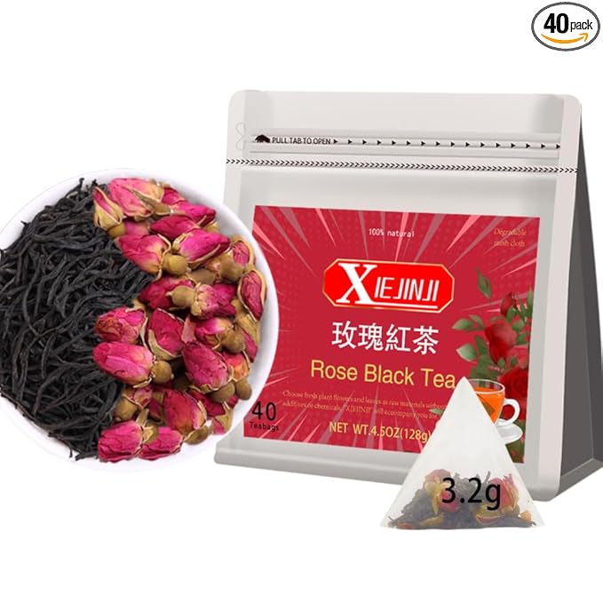 XIEJINJI Rose Black Tea - 40 Tea Bags, Natural Dried Rose and Black Tea Blend, AROMATIC & SMOOTH, Eco-Conscious Tea Bags, Enjoy Hot or Iced