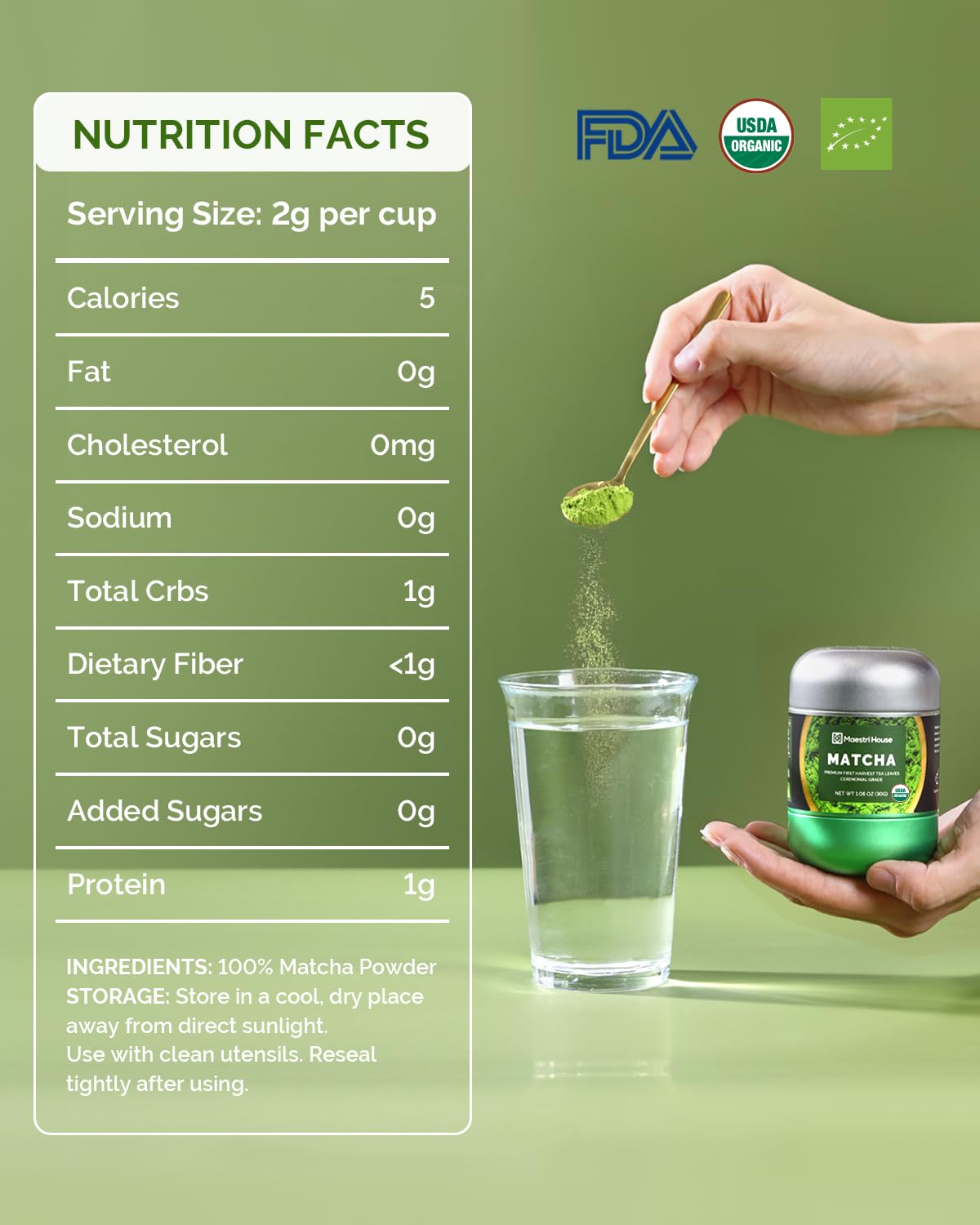 Maestri House USDA Organic Ceremonial Grade Matcha Powder, 1.06oz Tin | First Harvest Green Tea Powder with Smooth Umami for Lattes, Smoothies, and Traditional Tea, Unsweetened, Vegan, Gluten-Free
