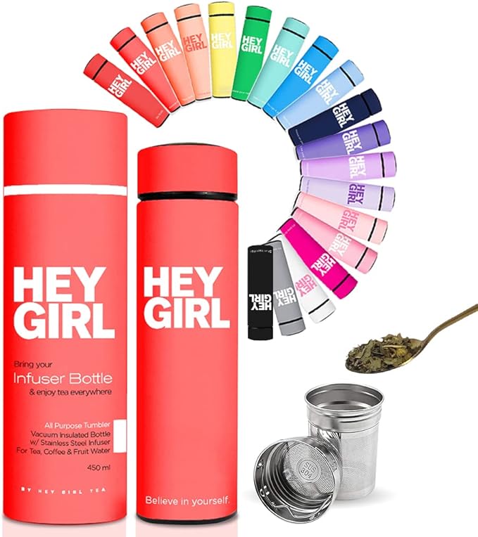 Hey Girl Tea Infuser Bottle 450ml - Insulated Stainless Steel Water Bottle - Tea Tumbler with Tea Diffuser