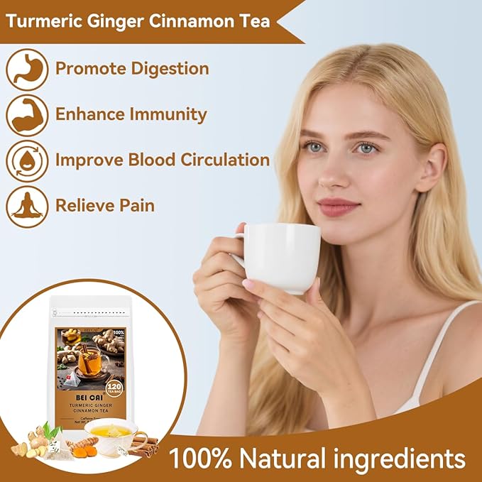 BEICAI 240g/120-Count Premium Turmeric Ginger Cinnamon Tea Bags | 100% Natural, Triangular Corn Fiber for Full-Bodied Brew | Supports Digestive & Immune Health (120)