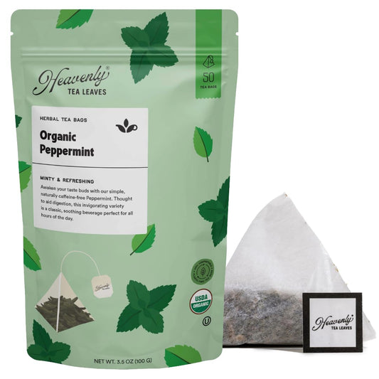 Heavenly Tea Leaves Organic Peppermint Herbal Tea, 50 Plastic-Free Bags | Naturally Caffeine-Free, Cool &amp; Refreshing, Great Hot or Iced, Plastic-Free Pyramid Bags, 50 Count
