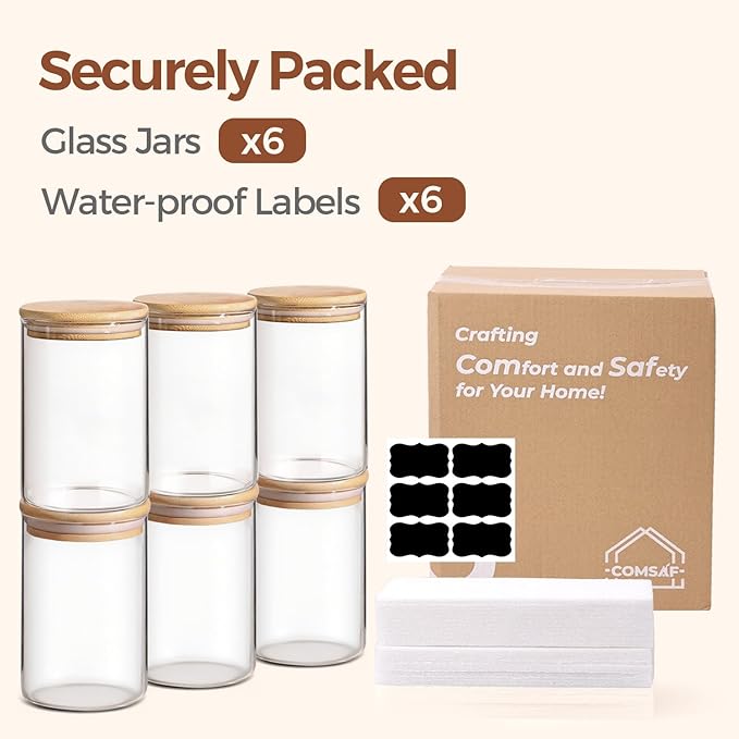 ComSaf 1 Qt Glass Storage Containers with Lids, Glass Jars with Lids, Clear Food Storage Jar, Round Canister Set of 6