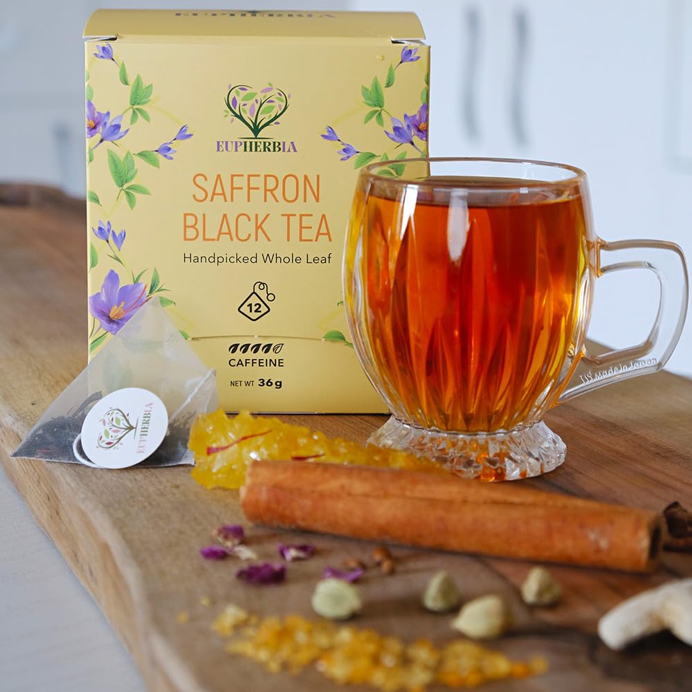 Eupherbia Saffron Black Tea, Handpicked, Highland Grown Whole Leaf Tea, Enriched with Premium Saffron Threads, Brisk, Earthy, Aromatic, Individually Wrapped Tea Sachets (Pack of 12) (2 Pack)