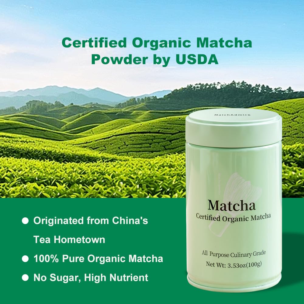 MatchAdmire Matcha Green Tea Powder - Premium First Harvest USDA Organic Gluten-Free Vegan, 100% Pure Unsweetened No Additives, 3.53oz Tin (All Purpose Culinary Grade Matcha)