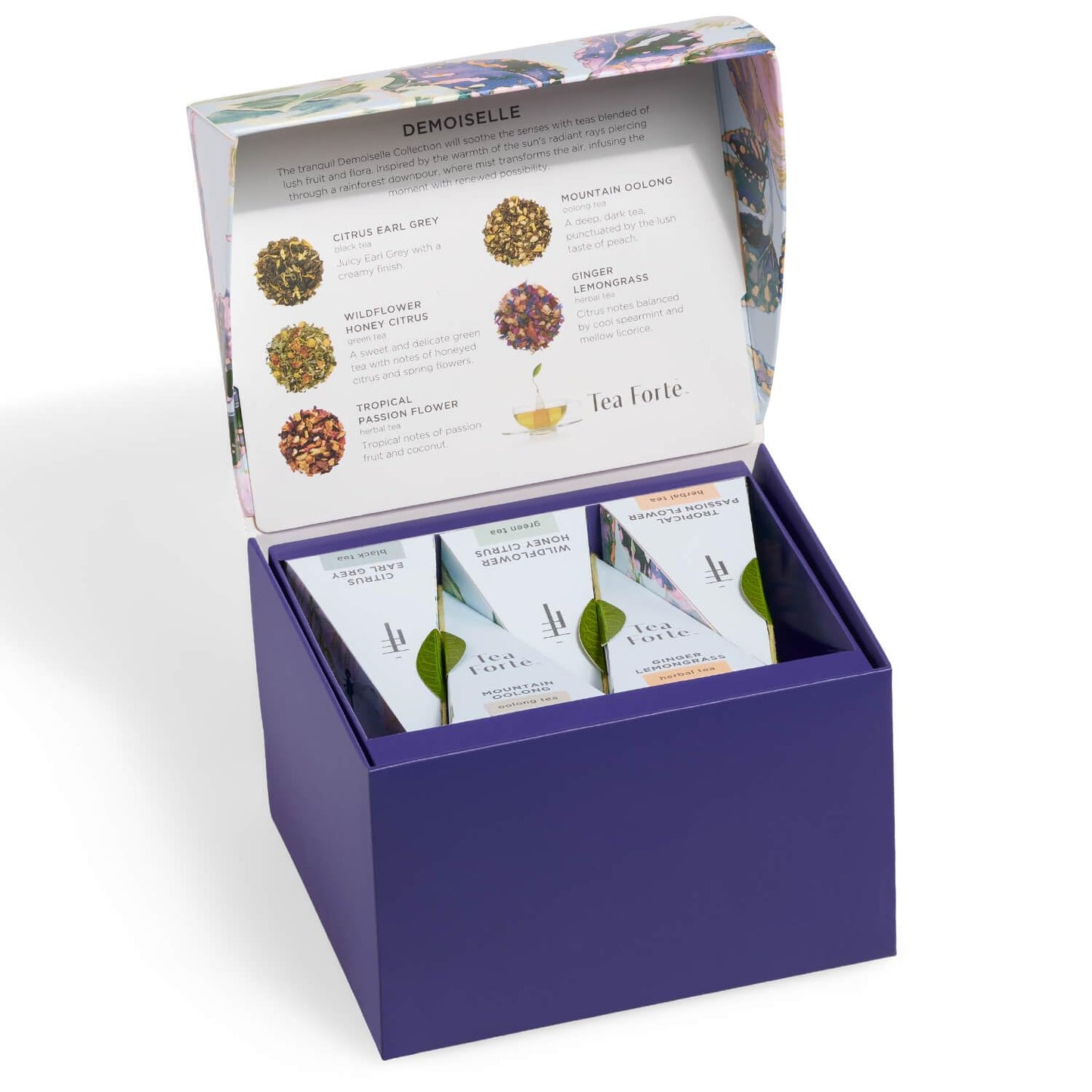 Tea Forte Café Cup Tea Gift Set, Demoiselle, 10 Pyramid Infusers | 8 oz Porcelain Tea Cup, Lid &amp; Tea Tray - 2 of Each Blend - Individually Wrapped - Giftable Presentation Box