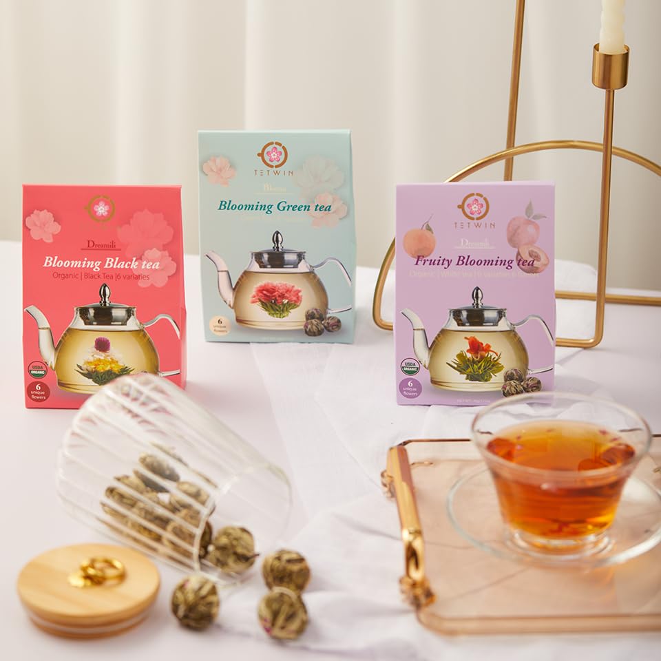 TETWIN Organic Blooming Tea Flowers 6 Tea Balls USDA Hand Tied Natural Black Tea Leaves & Edible Flowers Gifts for Tea Lovers