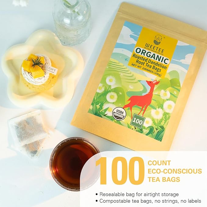 WT Weetee Organic Roasted Dandelion Root Tea Bags, Dandelion Herbal Tea 100 Count, Caffeine Free, Support Healthy, Vitamins Rich