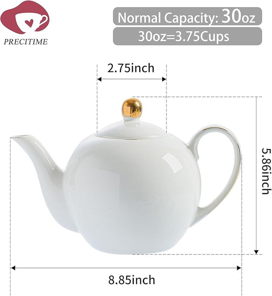 30oz White Porcelain Teapot, Classic design tea pot with Gold Trim, Beautiful white teapots for loose leaf tea and tea bags, Tea Party friendly