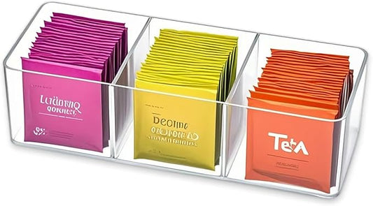 Tea Bag Organizer - Holds 60 Tea Bags, 3 Compartments, Transparent Design, Tea bag Holder Hooks for Storage Cabinet and Kitchen Pantry (1)