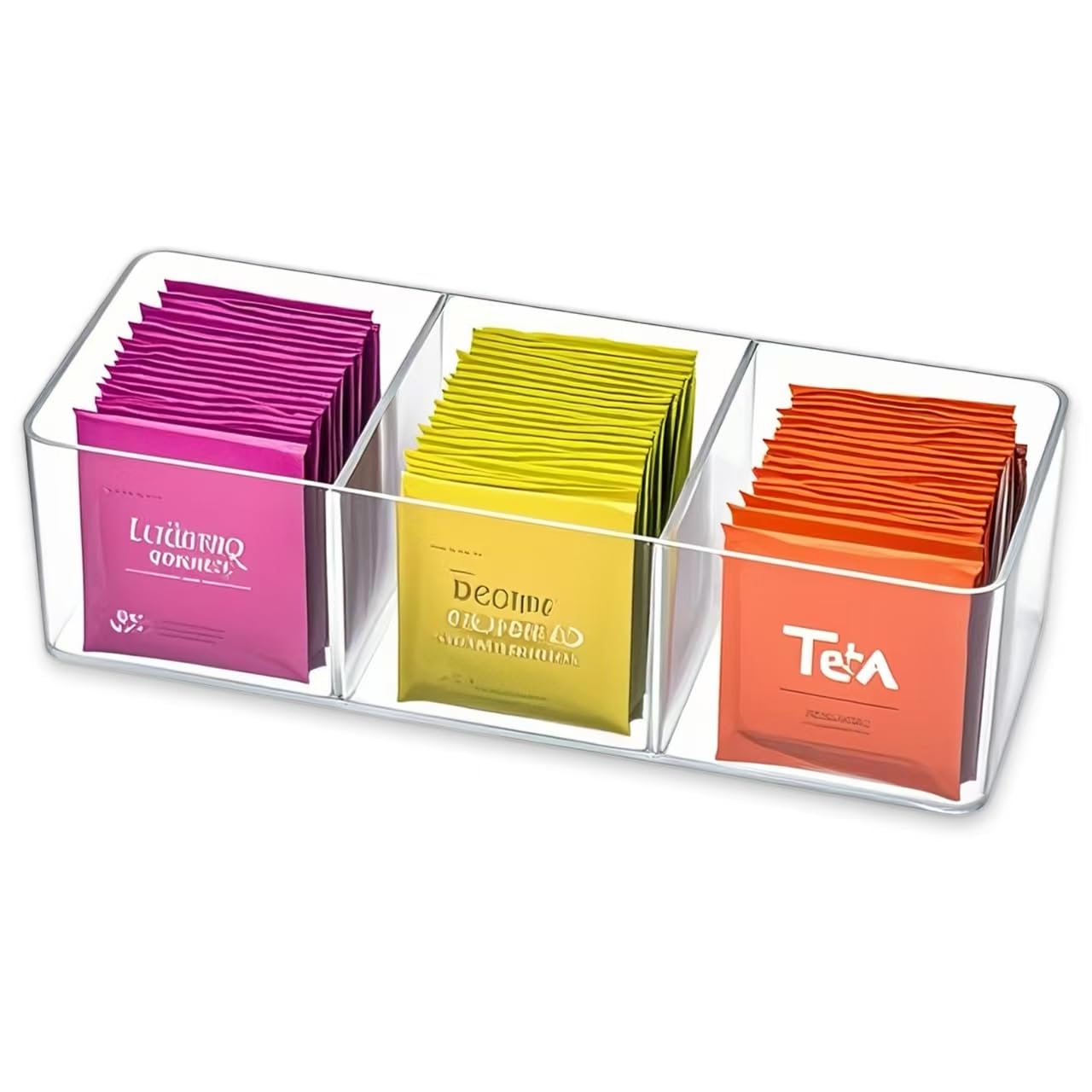 Tea Bag Organizer - Holds 60 Tea Bags, 3 Compartments, Transparent Design, Tea bag Holder Hooks for Storage Cabinet and Kitchen Pantry (1)