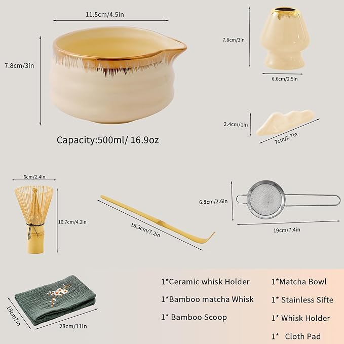 7-Piece Matcha Whisk Set – Yellow Spouted Ceramic Bowl with Golden Texture + Bamboo Whisk, Ceremonial Matcha Kit for Breakfast/Latte