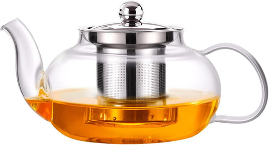 Baalaka Tea Pot with Infuser for Loose Tea, 20 oz Glass Stovetop Kettle | Clear borosilicate body with removable stainless steel strainer works as a tea maker and brewer for blooming or loose leaf