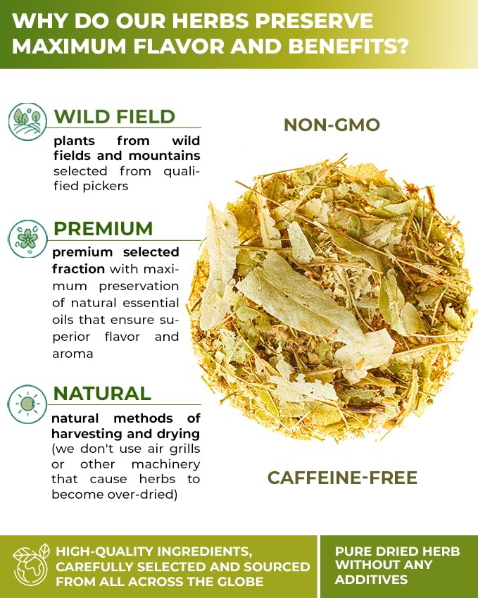 WILDFIELD HERBS 100 Linden Tea Dried Linden Flower Tea Herbal (Tilia cordata) - 100 Count 1.5g Tea Bags Linden Flowers Tea