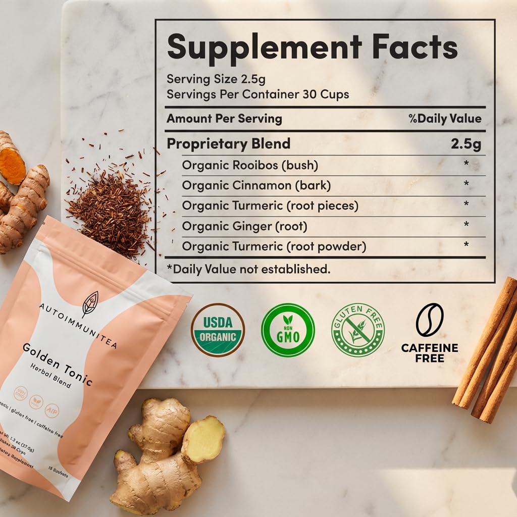 Organic Turmeric Ginger Loose Leaf Tea Bags – Immunity Tea, Wellness Tea, Caffeine Free, AIP Autoimmune Protocol, Whole30 Paleo, Ayurvedic Rooibos Golden Tonic Herbal Blend, 15 Count