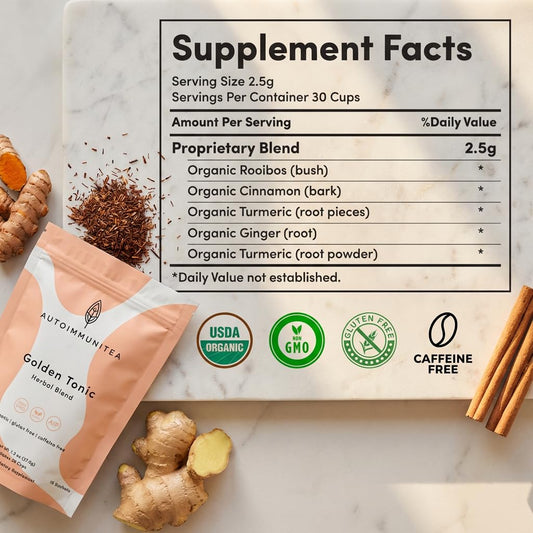 Organic Turmeric Ginger Loose Leaf Tea Bags – Immunity Tea, Wellness Tea, Caffeine Free, AIP Autoimmune Protocol, Whole30 Paleo, Ayurvedic Rooibos Golden Tonic Herbal Blend, 15 Count