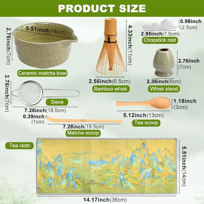 8 Pcs Matcha Whisk Set with Bamboo Whisk, Ceramic Bowl, Sifter, Scoop, Holder, Stand, and Tea Towel, Unique Gifts for Matcha Lover Home Kitchen Decor Gifts for Tea Enthusiasts Christmas