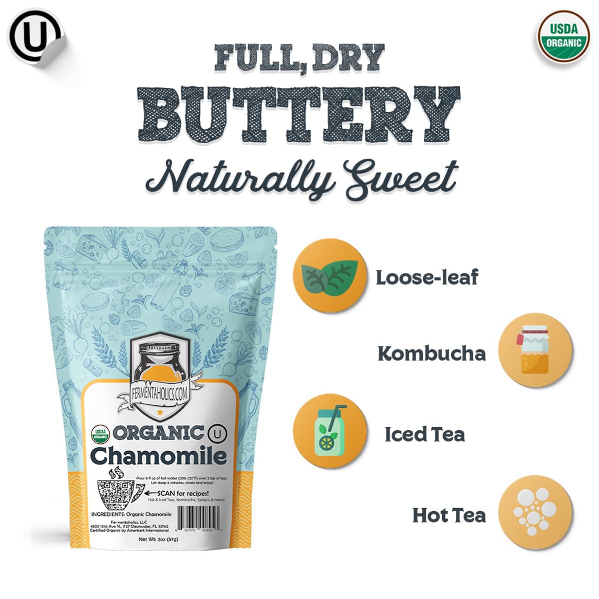 Fermentaholics Chamomile Flowers, Loose Leaf – 2 oz – USDA Certified Organic Loose Leaf – Sweet, Subtle Flavor for Kombucha Brewing & Herbal Tea
