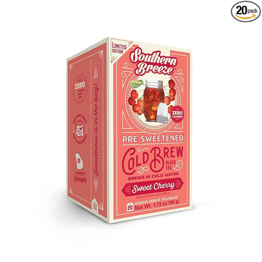 Southern Breeze Cold Brew Sweet Tea Sweet Cherry Iced Tea with Black Tea and Zero Carbs Zero Sugar, 20 Individually Wrapped Tea Bags Southern Sweet Tea Iced Tea Beverage