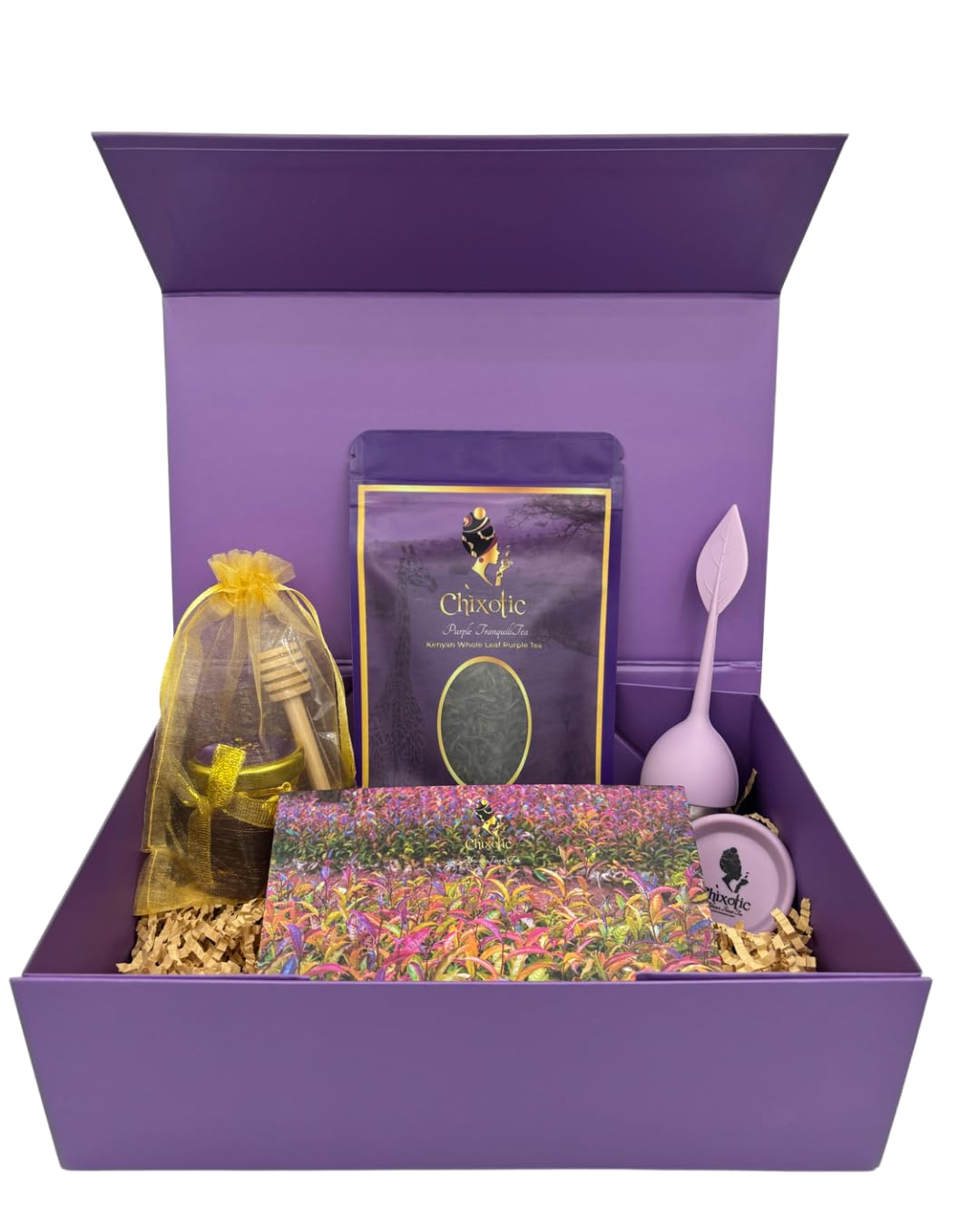 Chixotic Purple Tea Gift Box for Women, Mother’s Day Tea Care Package with Kenyan Purple Tea, Raw Honey, Tea Infuser, Personalized Note, Relaxing Self Care Gift Basket