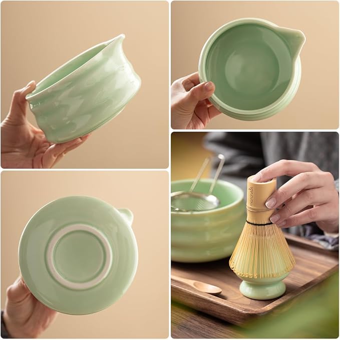 Matcha Whisk Set - Ceramic Bowl, Bamboo Whisk with Holder, Sifter, Schima Spoon, Spoon Rest and Tea Towel